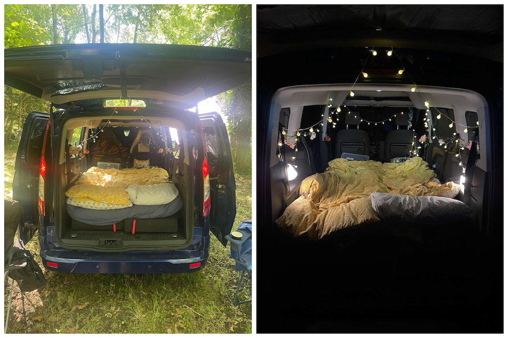 My car in campervan mode during the day and night