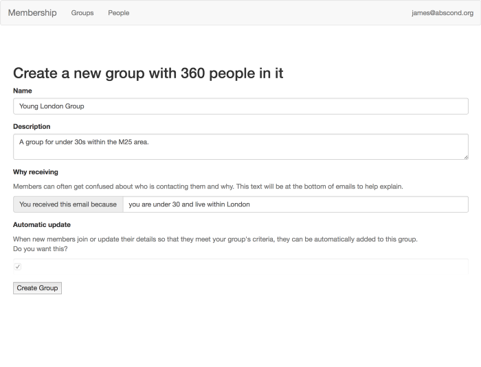 Screenshot of membership prototype - new group form