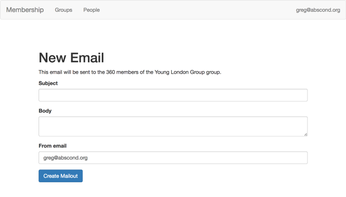 Screenshot of membership prototype - new email form